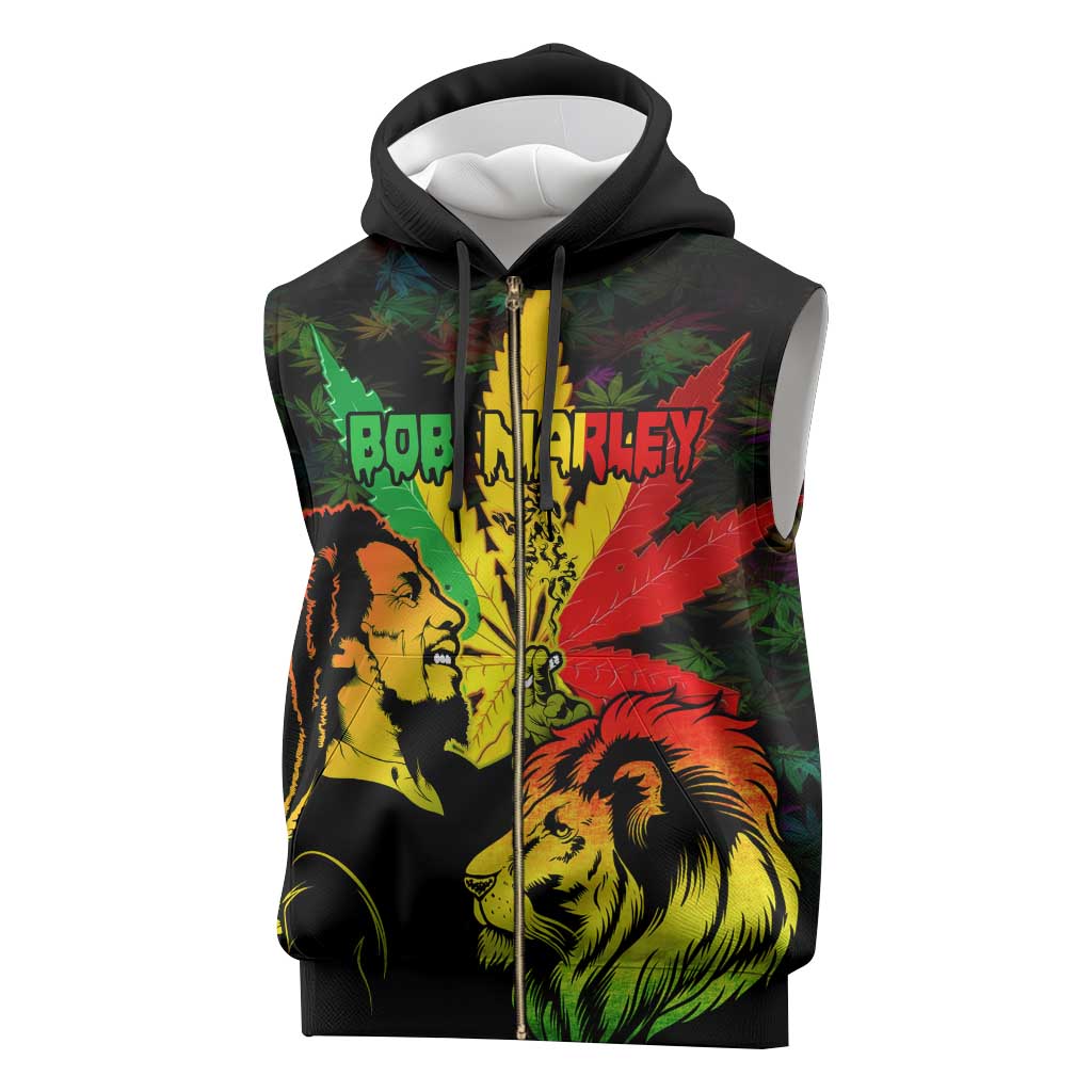Jamaica Legend Bob Sleeveless Zip Hoodie Lion With Cannabis Leaf Pattern - Wonder Print Shop