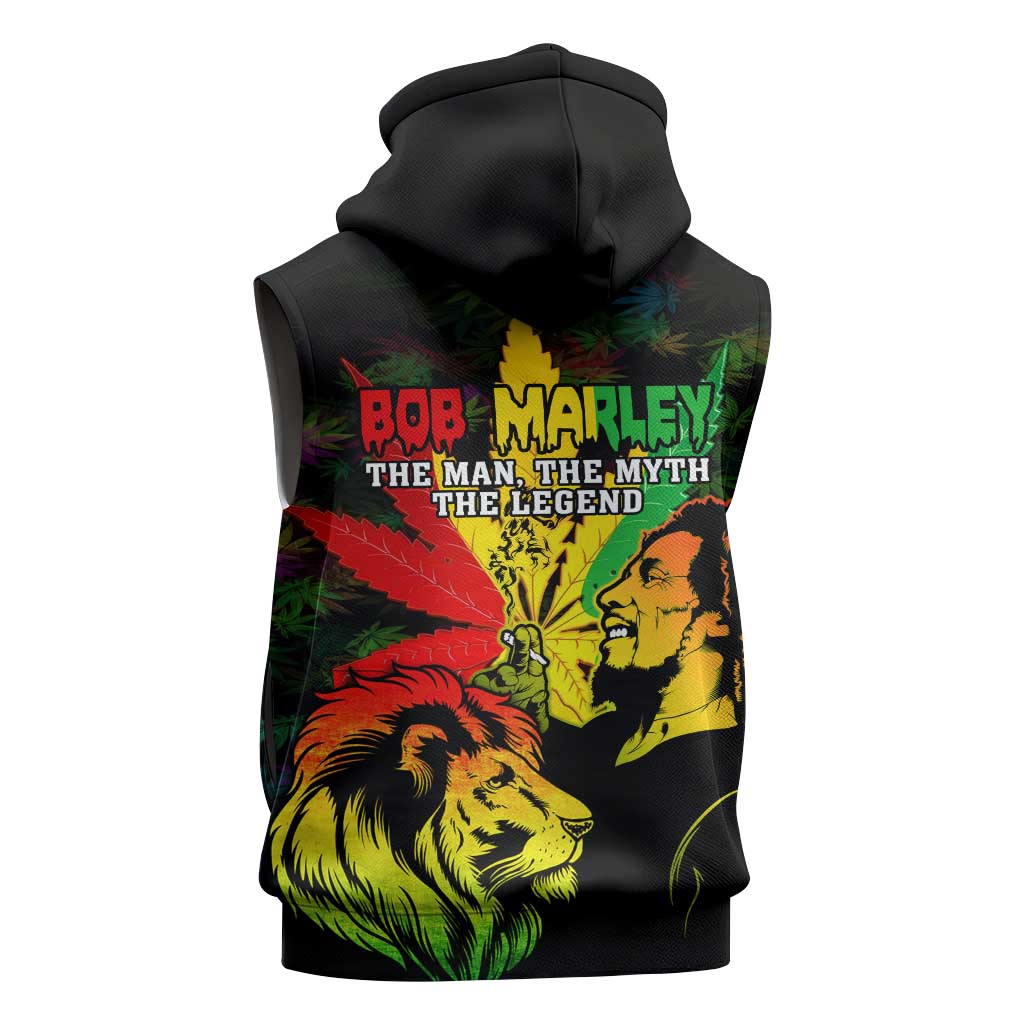 Jamaica Legend Bob Sleeveless Zip Hoodie Lion With Cannabis Leaf Pattern - Wonder Print Shop