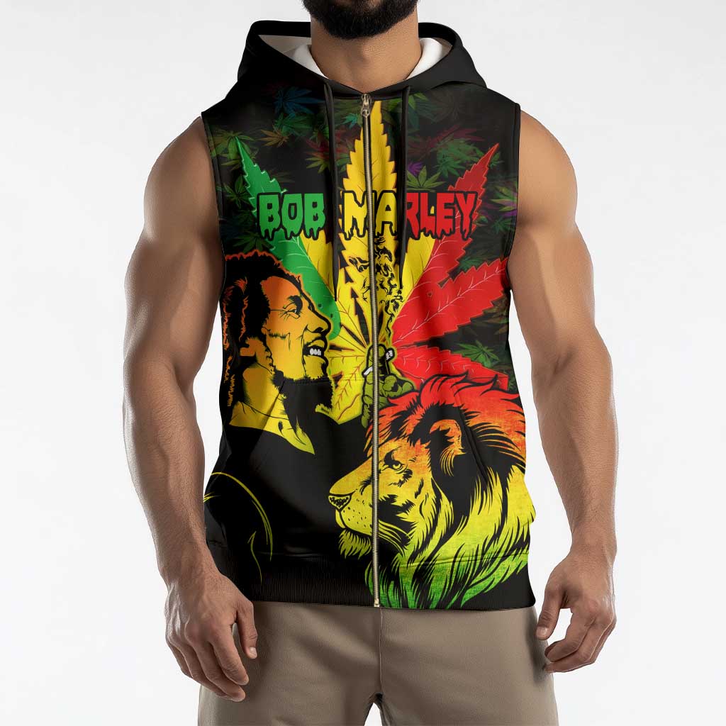 Jamaica Legend Bob Sleeveless Zip Hoodie Lion With Cannabis Leaf Pattern - Wonder Print Shop