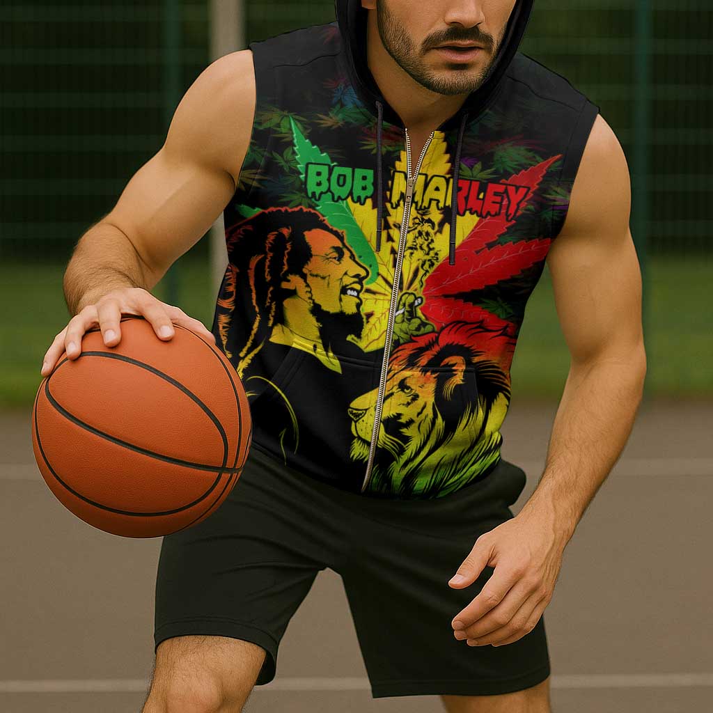 Jamaica Legend Bob Sleeveless Zip Hoodie Lion With Cannabis Leaf Pattern - Wonder Print Shop
