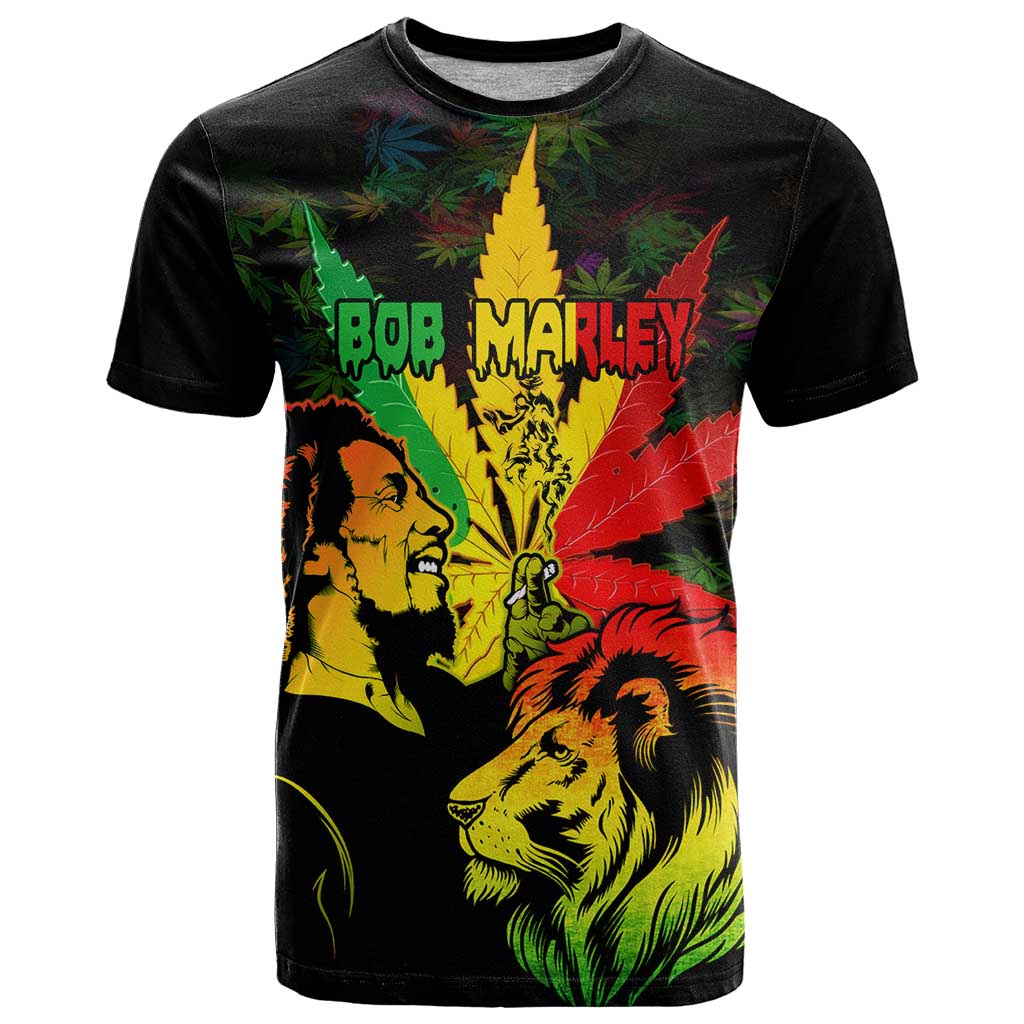 Jamaica Legend Bob T Shirt Lion With Cannabis Leaf Pattern LT14