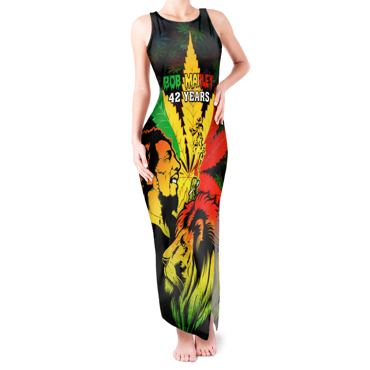 Jamaica Legend Bob Tank Maxi Dress Lion With Cannabis Leaf Pattern - Wonder Print Shop