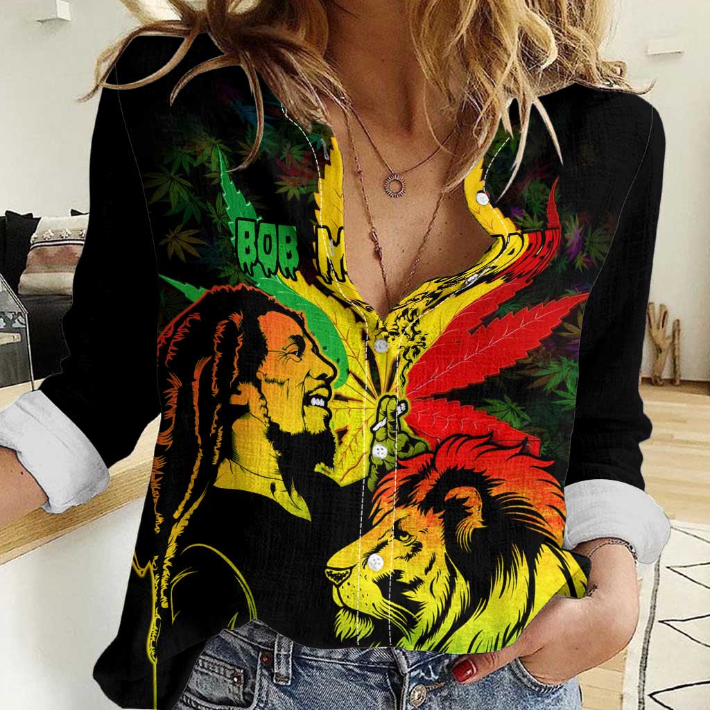 Jamaica Legend Bob Women Casual Shirt Lion With Cannabis Leaf Pattern LT14