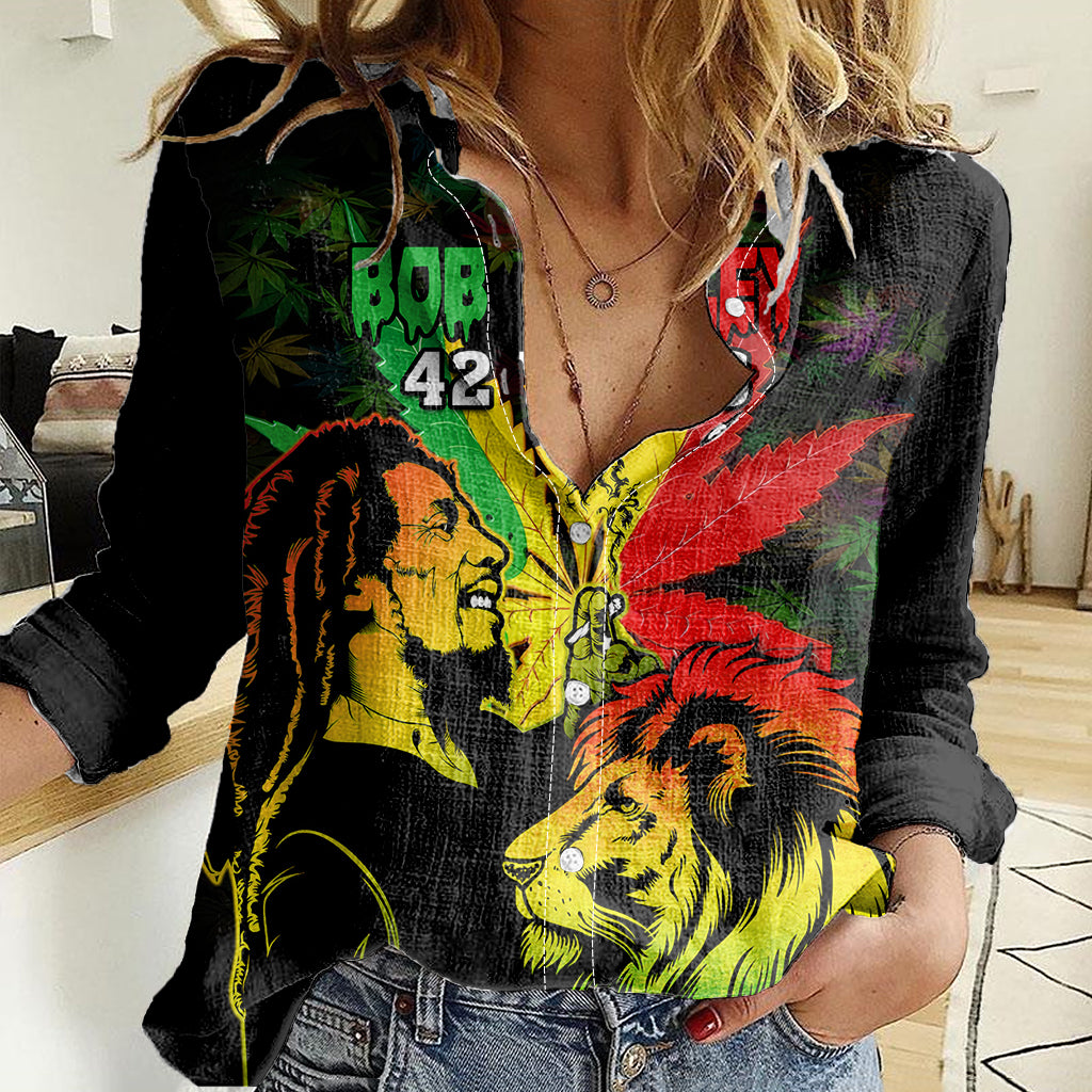 Jamaica Legend Bob Women Casual Shirt Lion With Cannabis Leaf Pattern - Wonder Print Shop
