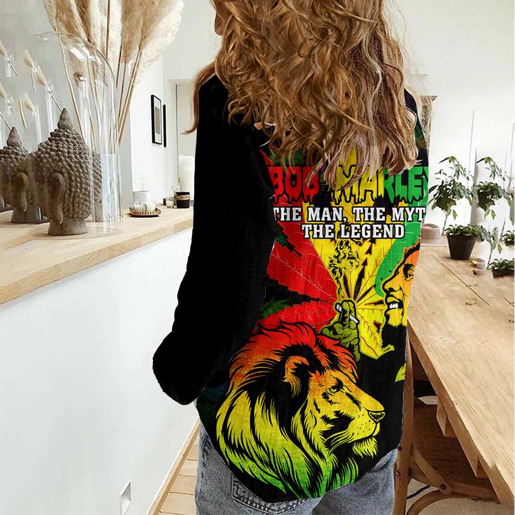 Jamaica Legend Bob Women Casual Shirt Lion With Cannabis Leaf Pattern LT14