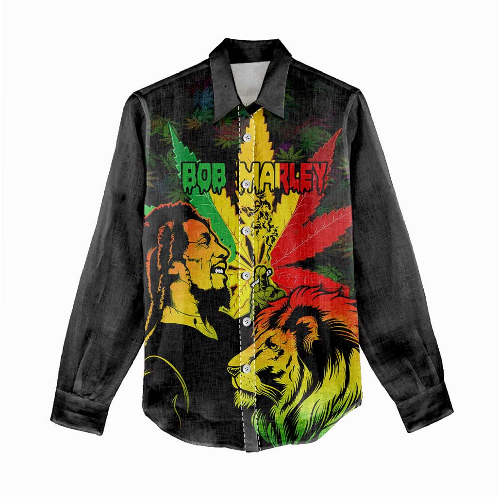 Jamaica Legend Bob Women Casual Shirt Lion With Cannabis Leaf Pattern LT14
