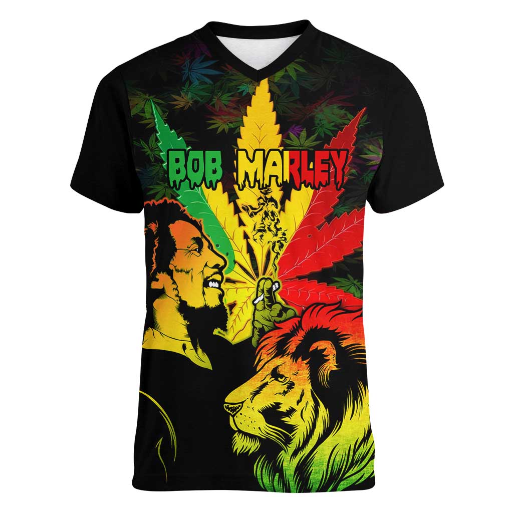 Jamaica Legend Bob Women V Neck T Shirt Lion With Cannabis Leaf Pattern LT14