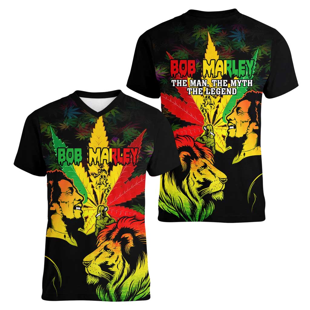 Jamaica Legend Bob Women V Neck T Shirt Lion With Cannabis Leaf Pattern LT14