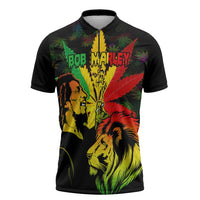 Jamaica Legend Bob Zipper Polo Shirt Lion With Cannabis Leaf Pattern - Wonder Print Shop