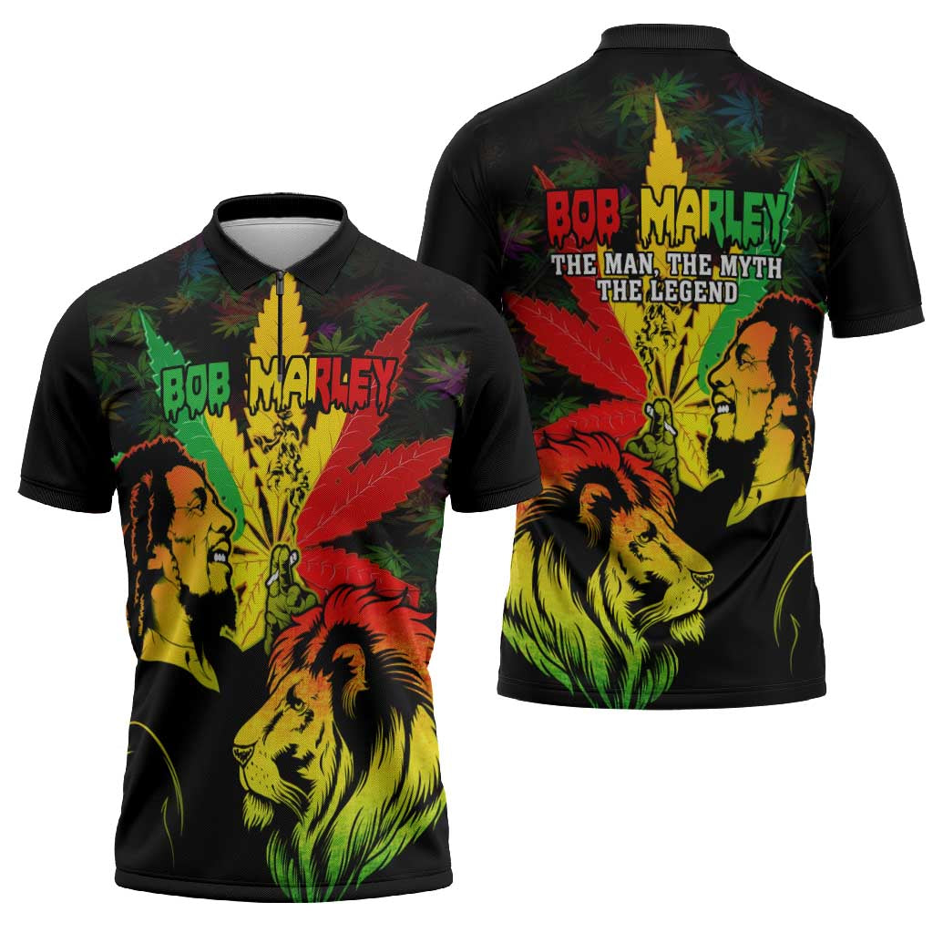 Jamaica Legend Bob Zipper Polo Shirt Lion With Cannabis Leaf Pattern - Wonder Print Shop