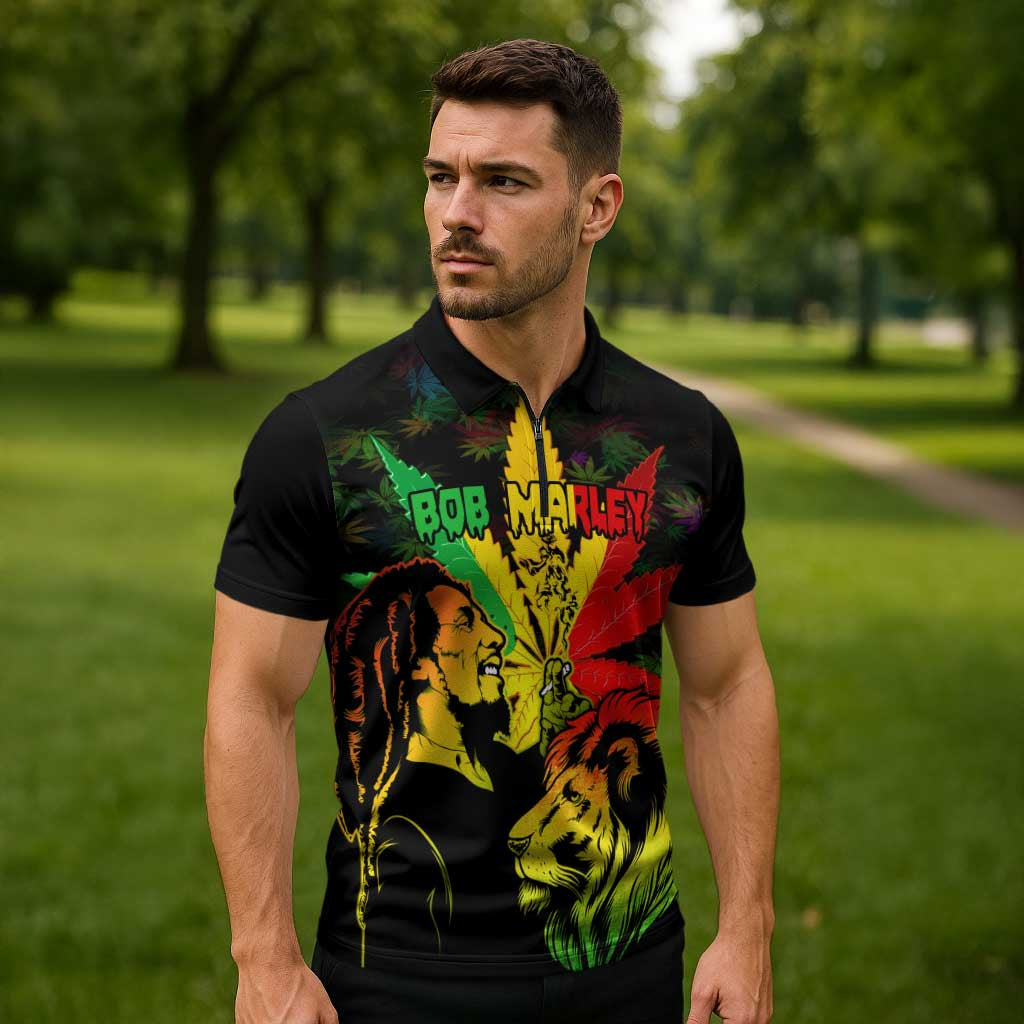 Jamaica Legend Bob Zipper Polo Shirt Lion With Cannabis Leaf Pattern - Wonder Print Shop