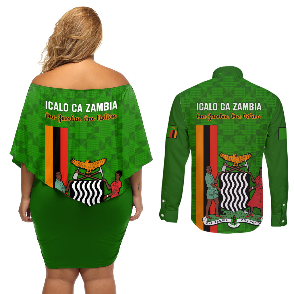 Zambia Independence Day Couples Matching Off Shoulder Short Dress and Long Sleeve Button Shirts Happy 59th Anniversary Kente Pattern - Wonder Print Shop