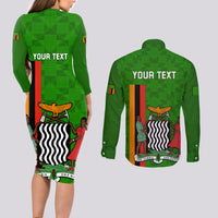 Personalised Zambia Independence Day Couples Matching Long Sleeve Bodycon Dress and Long Sleeve Button Shirts Happy 59th Anniversary Kente Pattern - Wonder Print Shop