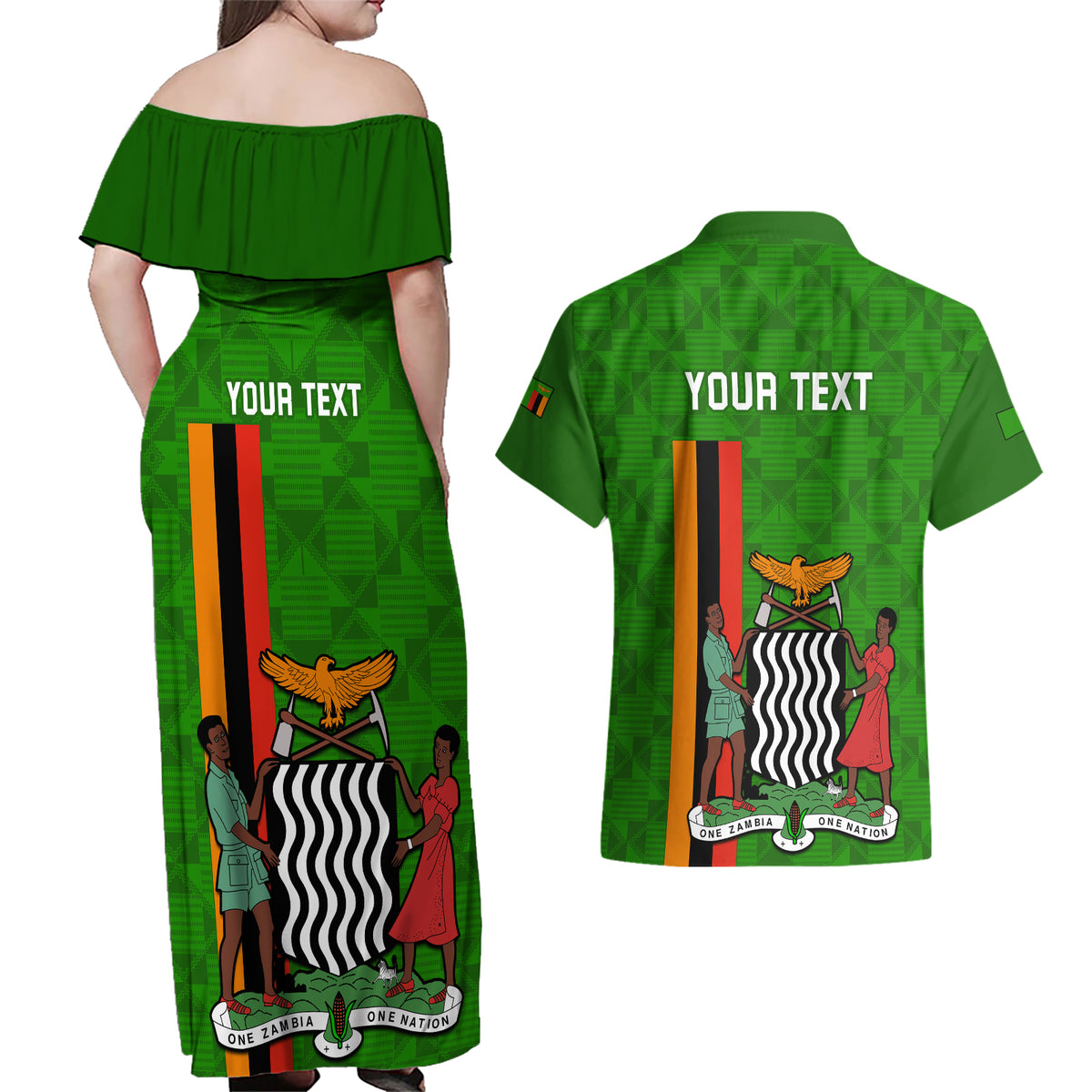 Personalised Zambia Independence Day Couples Matching Off Shoulder Maxi Dress and Hawaiian Shirt Happy 59th Anniversary Kente Pattern - Wonder Print Shop