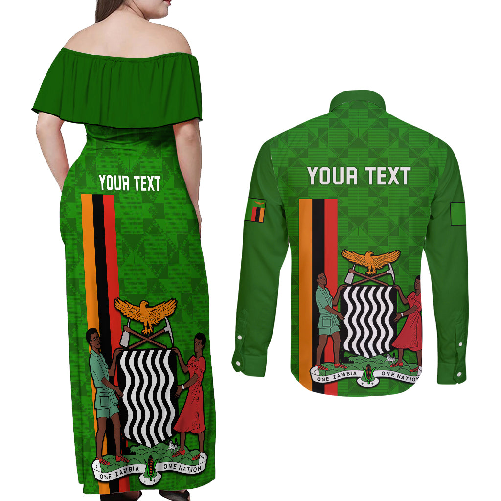 Personalised Zambia Independence Day Couples Matching Off Shoulder Maxi Dress and Long Sleeve Button Shirts Happy 59th Anniversary Kente Pattern - Wonder Print Shop