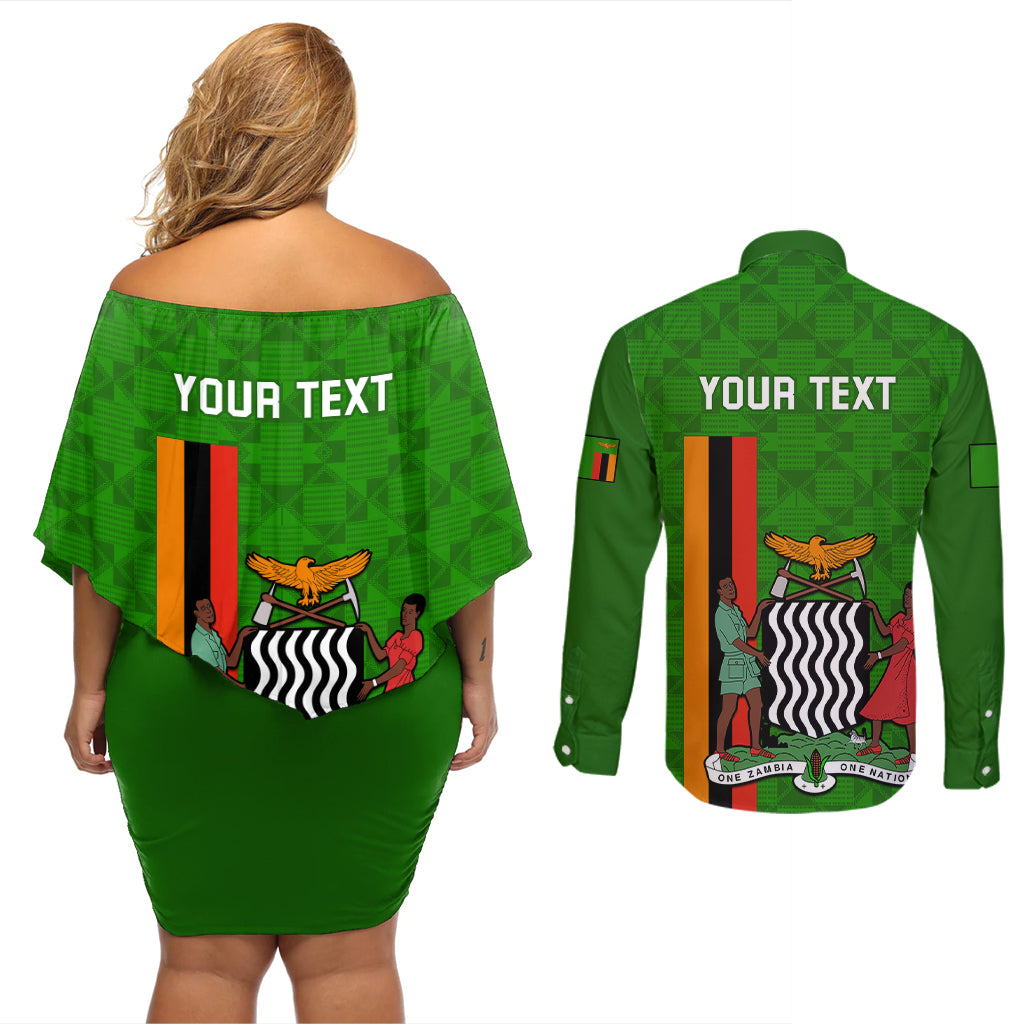 Personalised Zambia Independence Day Couples Matching Off Shoulder Short Dress and Long Sleeve Button Shirts Happy 59th Anniversary Kente Pattern - Wonder Print Shop