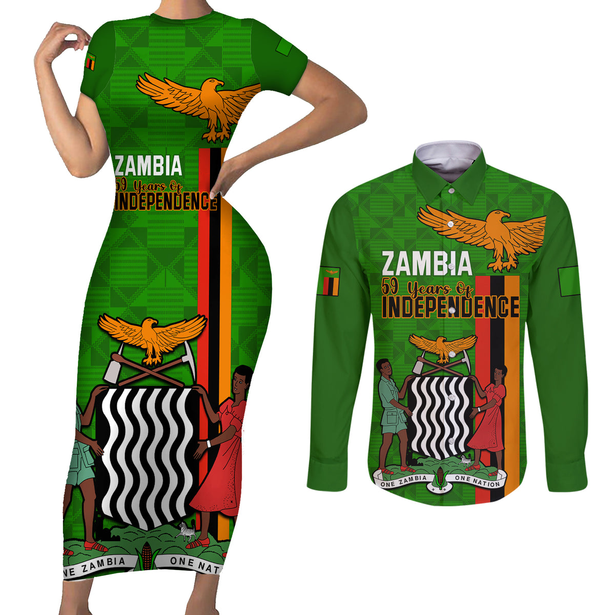 Personalised Zambia Independence Day Couples Matching Short Sleeve Bodycon Dress and Long Sleeve Button Shirts Happy 59th Anniversary Kente Pattern - Wonder Print Shop