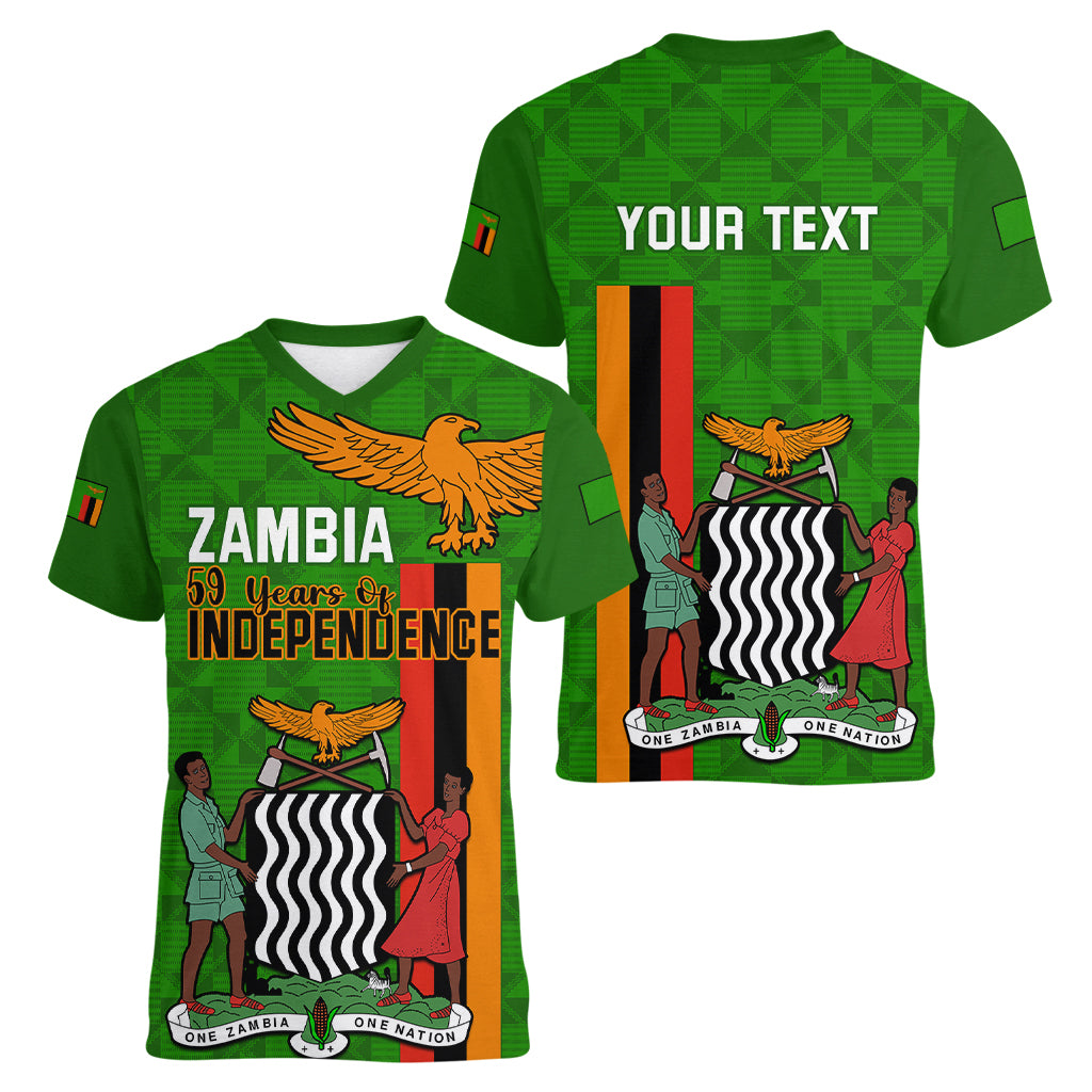 Personalised Zambia Independence Day Women V Neck T Shirt Happy 59th Anniversary Kente Pattern - Wonder Print Shop