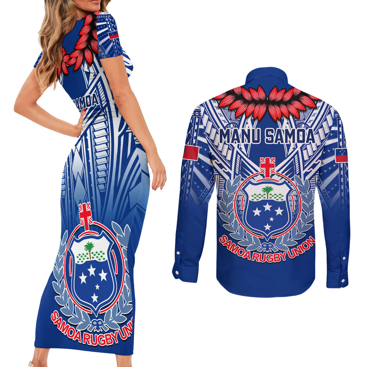 Samoa Rugby Couples Matching Short Sleeve Bodycon Dress and Long Sleeve Button Shirts 2023 Go Manu Samoa With Ula Fala Style - Wonder Print Shop