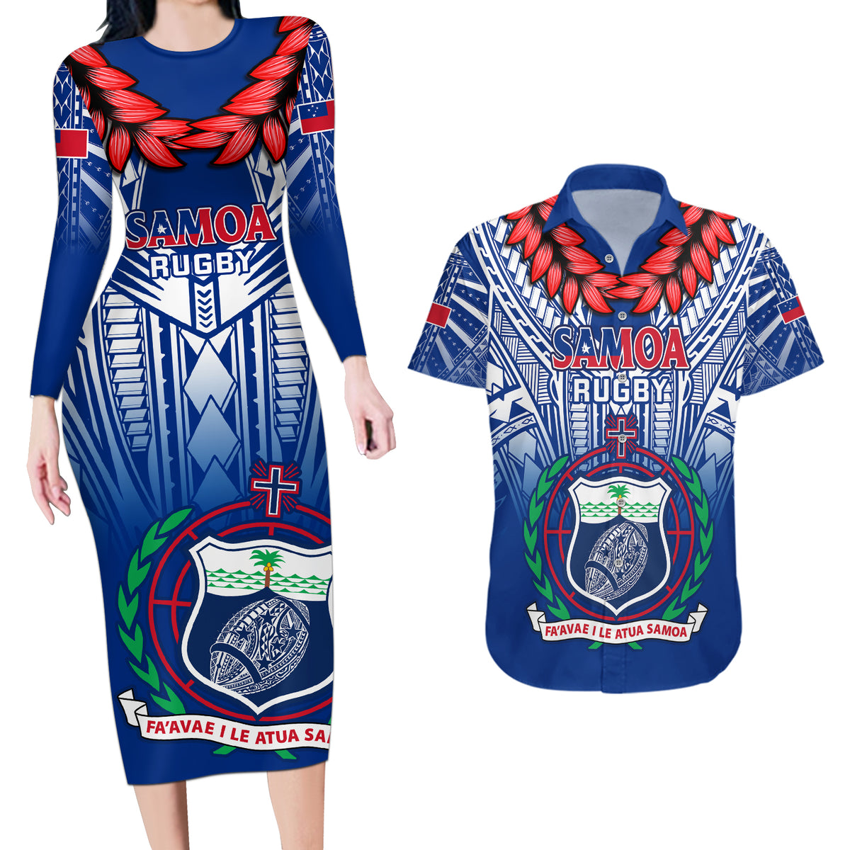Custom Samoa Rugby Couples Matching Long Sleeve Bodycon Dress and Hawaiian Shirt 2023 Go Manu Samoa With Ula Fala Style - Wonder Print Shop
