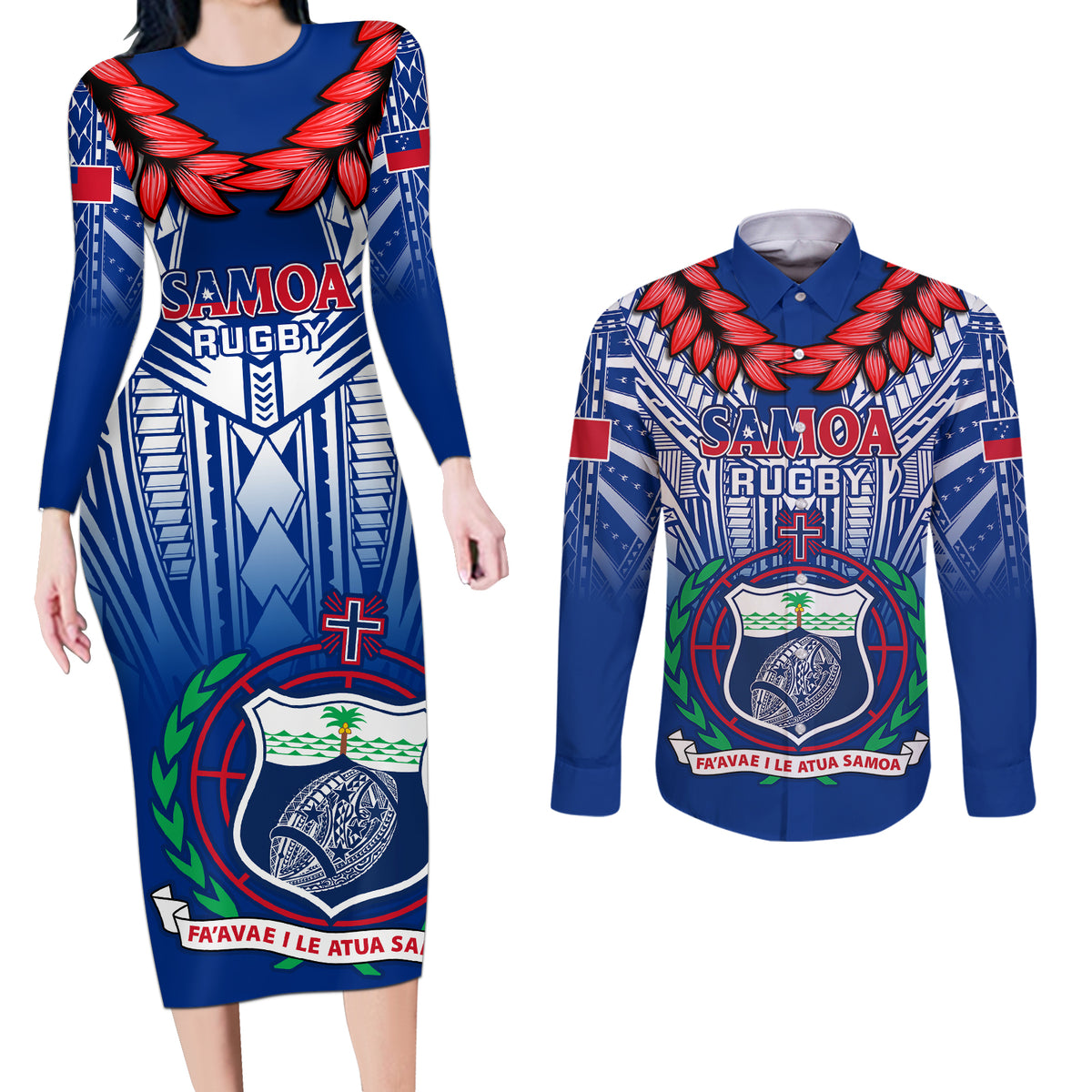 Custom Samoa Rugby Couples Matching Long Sleeve Bodycon Dress and Long Sleeve Button Shirts 2023 Go Manu Samoa With Ula Fala Style - Wonder Print Shop