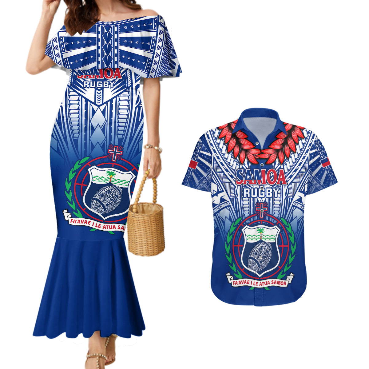 Custom Samoa Rugby Couples Matching Mermaid Dress and Hawaiian Shirt 2023 Go Manu Samoa With Ula Fala Style - Wonder Print Shop