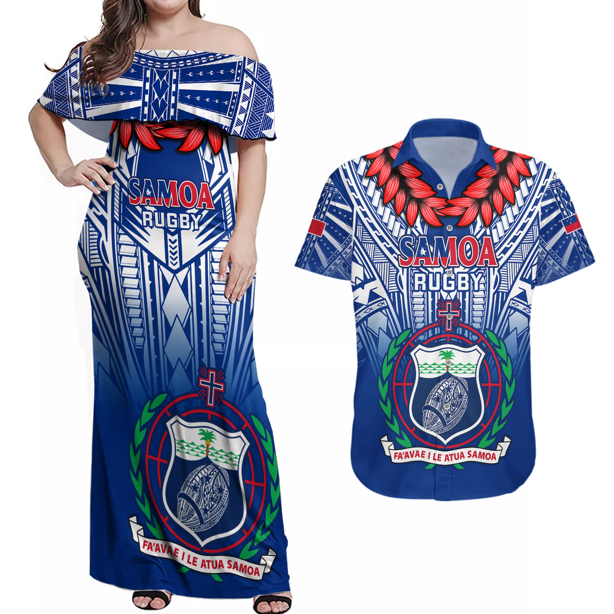 Custom Samoa Rugby Couples Matching Off Shoulder Maxi Dress and Hawaiian Shirt 2023 Go Manu Samoa With Ula Fala Style - Wonder Print Shop