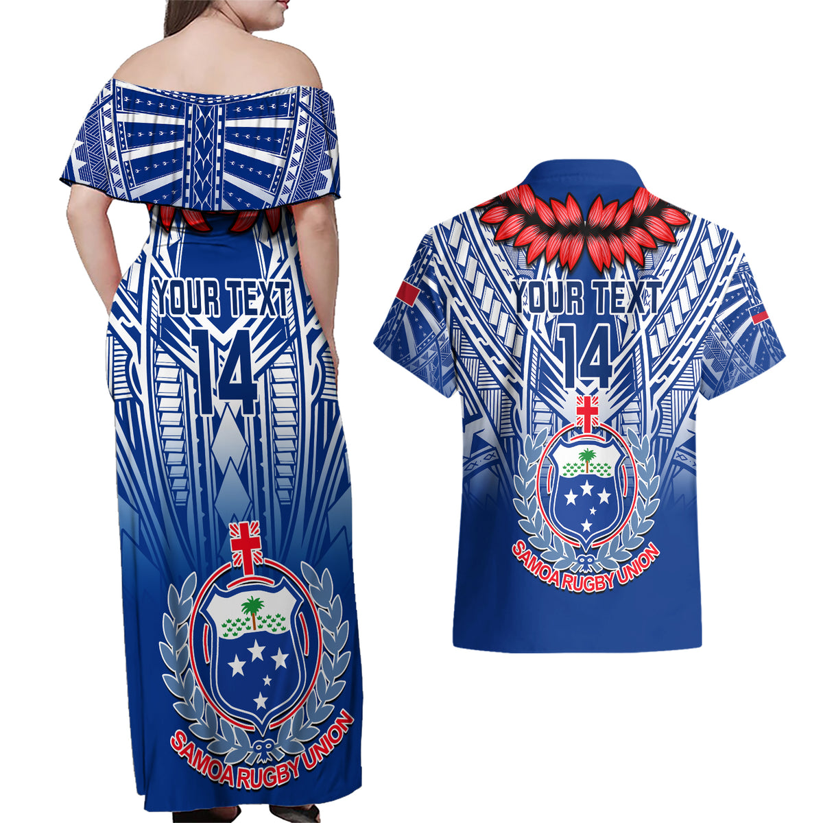 Custom Samoa Rugby Couples Matching Off Shoulder Maxi Dress and Hawaiian Shirt 2023 Go Manu Samoa With Ula Fala Style - Wonder Print Shop