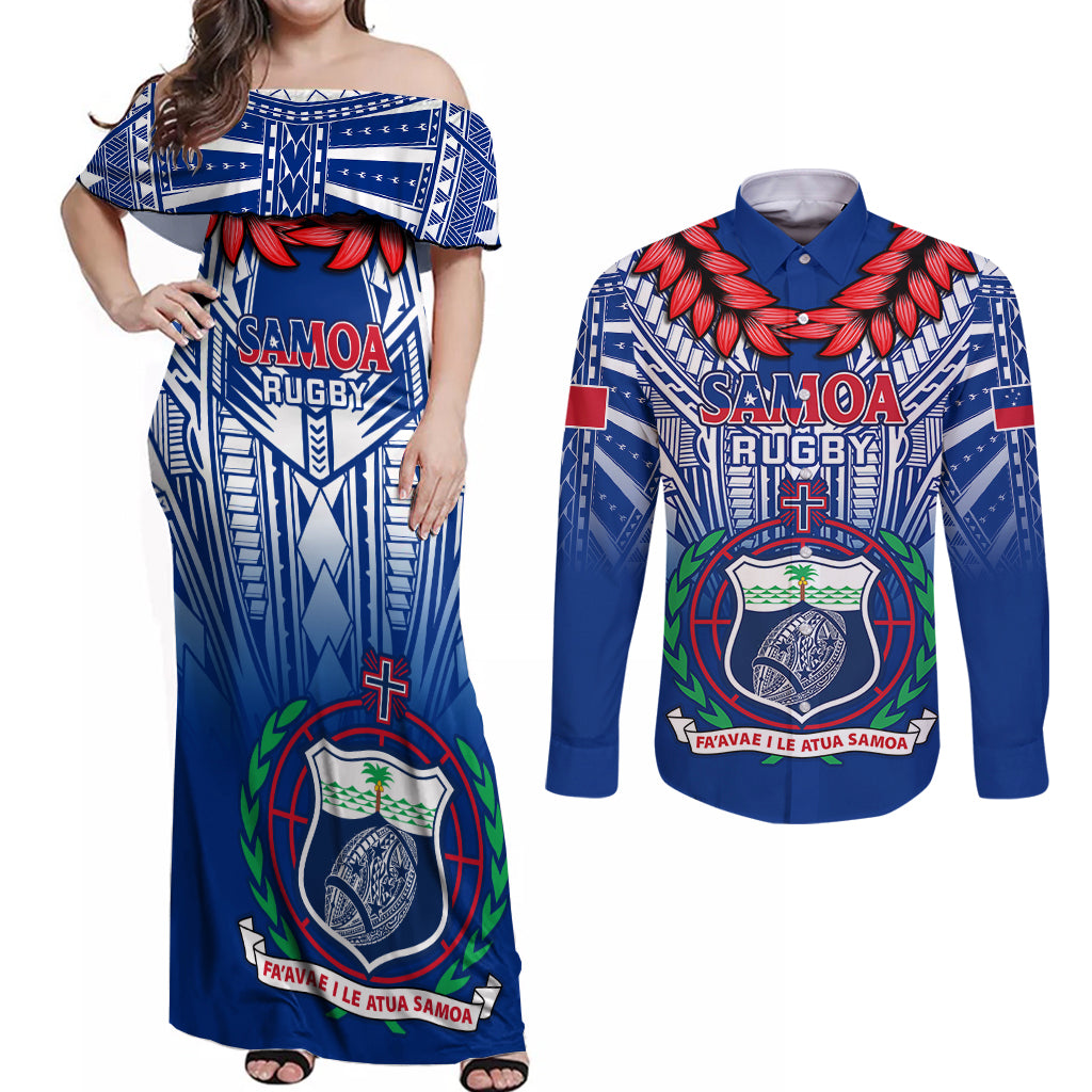 Custom Samoa Rugby Couples Matching Off Shoulder Maxi Dress and Long Sleeve Button Shirts 2023 Go Manu Samoa With Ula Fala Style - Wonder Print Shop