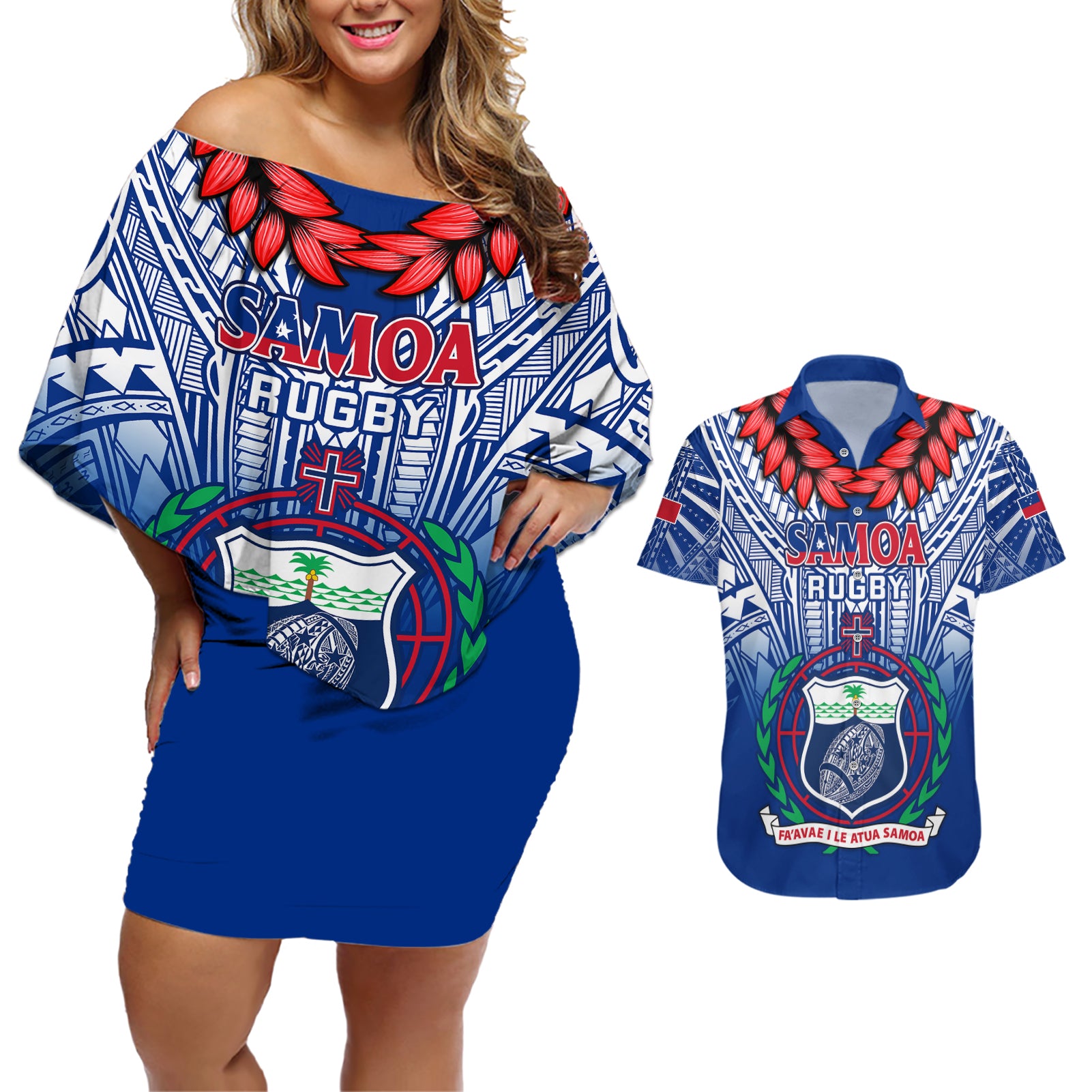 Custom Samoa Rugby Couples Matching Off Shoulder Short Dress and Hawaiian Shirt 2023 Go Manu Samoa With Ula Fala Style - Wonder Print Shop