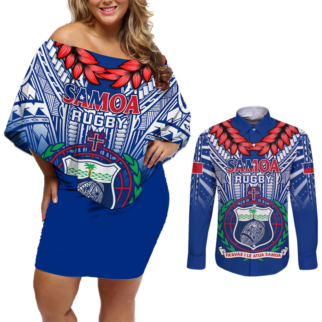 Custom Samoa Rugby Couples Matching Off Shoulder Short Dress and Long Sleeve Button Shirts 2023 Go Manu Samoa With Ula Fala Style - Wonder Print Shop