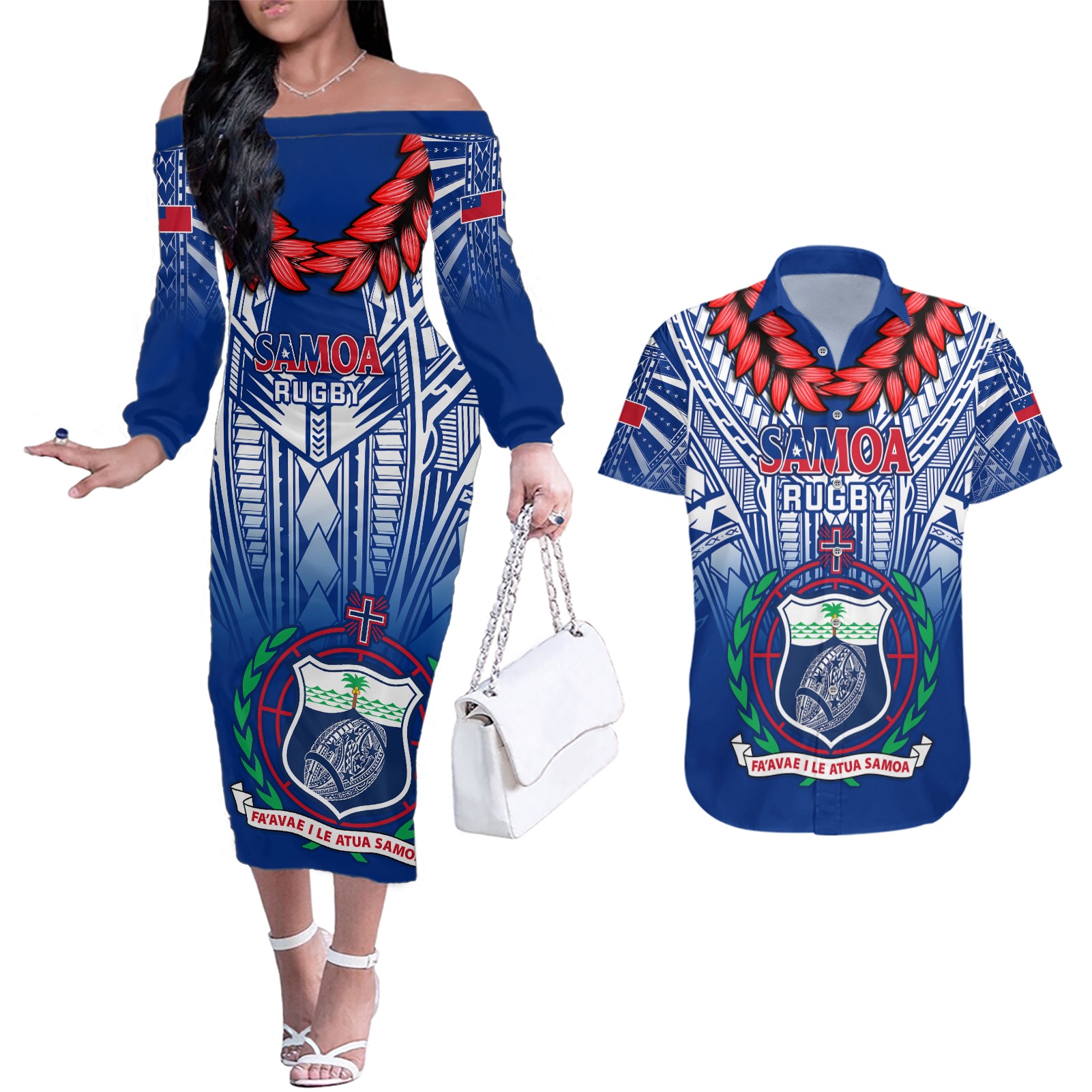 Custom Samoa Rugby Couples Matching Off The Shoulder Long Sleeve Dress and Hawaiian Shirt 2023 Go Manu Samoa With Ula Fala Style - Wonder Print Shop