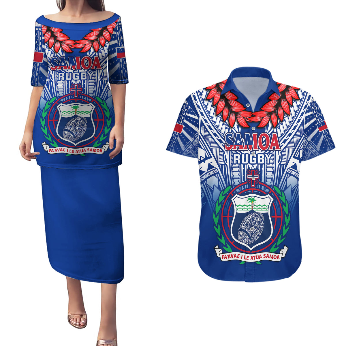 Custom Samoa Rugby Couples Matching Puletasi Dress and Hawaiian Shirt 2023 Go Manu Samoa With Ula Fala Style - Wonder Print Shop