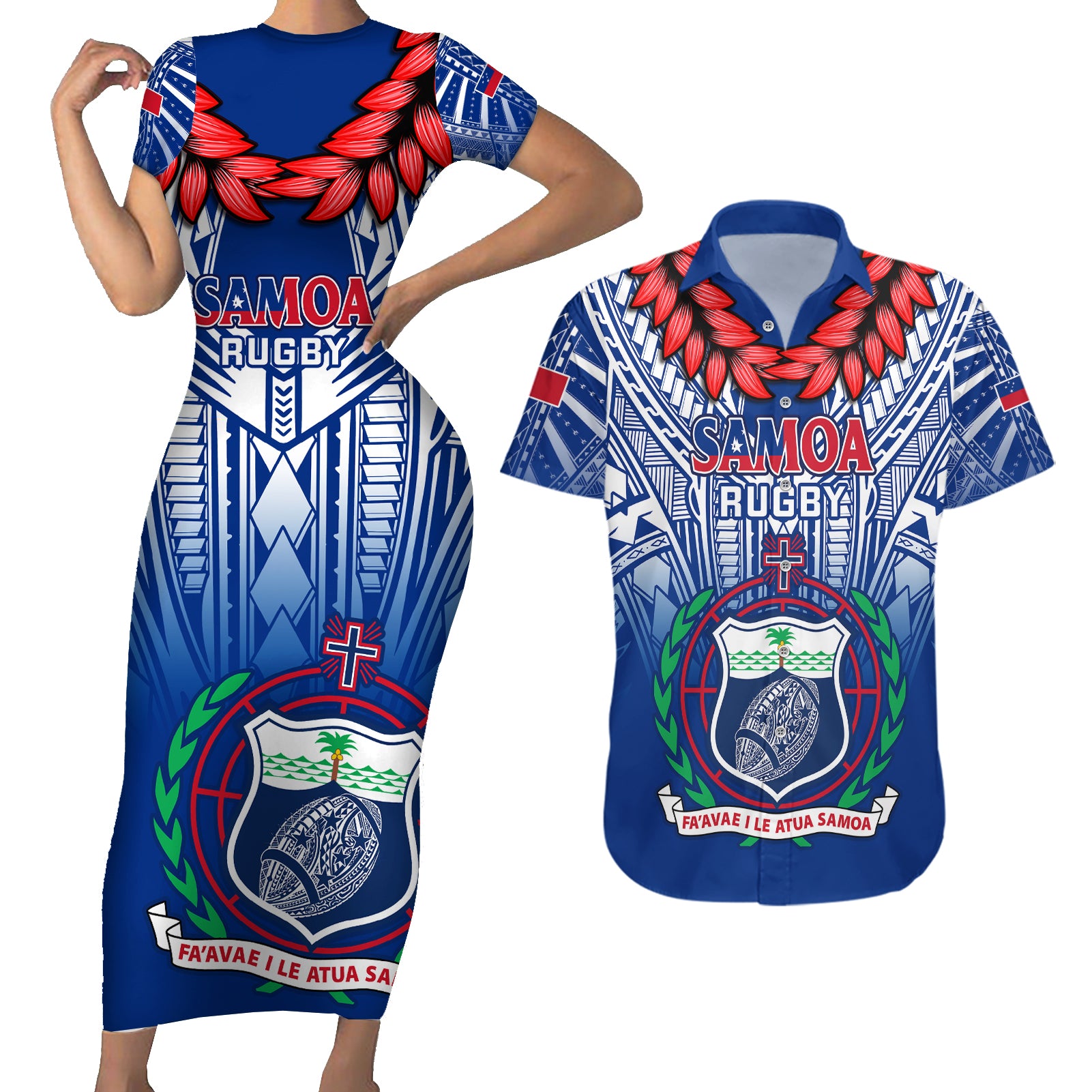 Custom Samoa Rugby Couples Matching Short Sleeve Bodycon Dress and Hawaiian Shirt 2023 Go Manu Samoa With Ula Fala Style - Wonder Print Shop