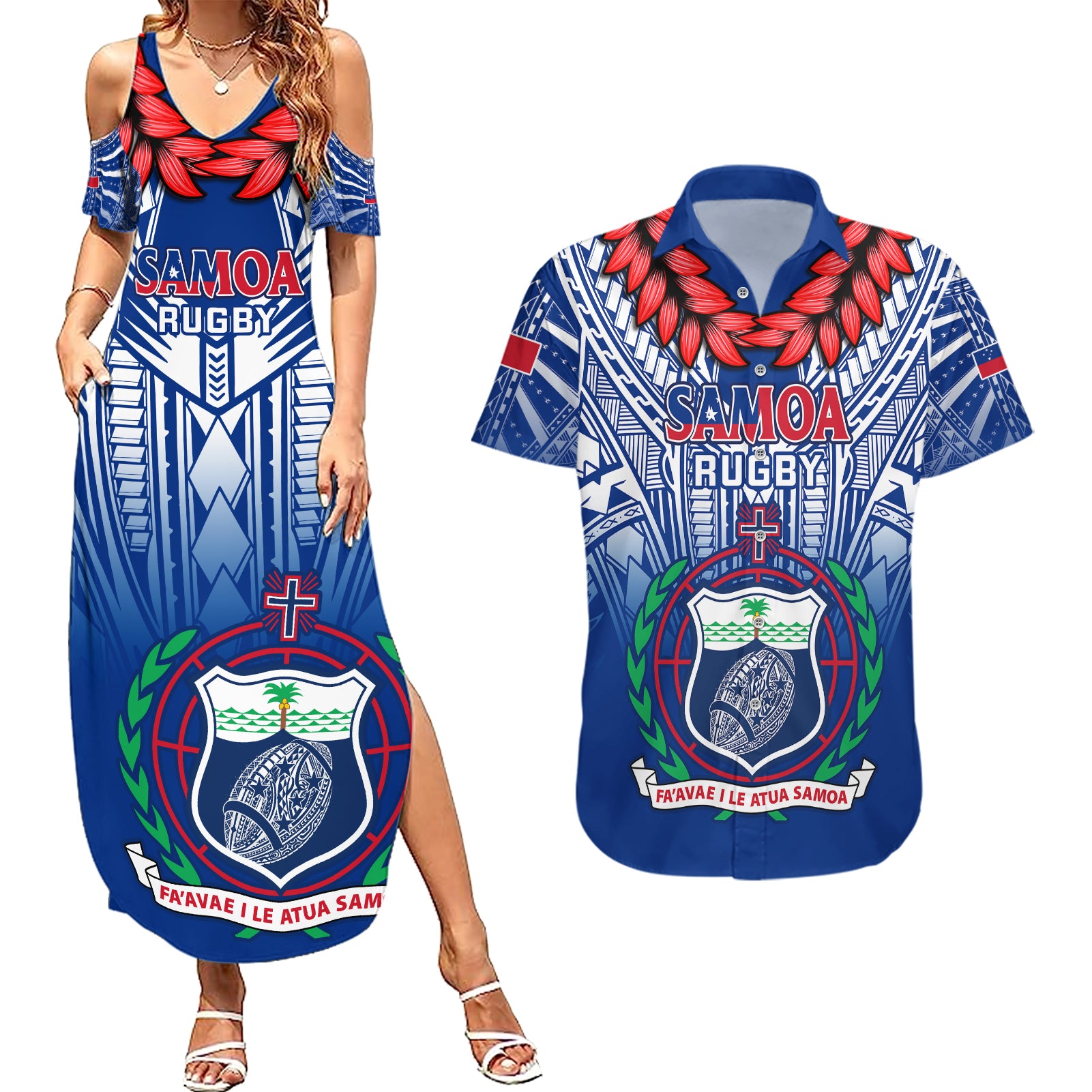 Custom Samoa Rugby Couples Matching Summer Maxi Dress and Hawaiian Shirt 2023 Go Manu Samoa With Ula Fala Style - Wonder Print Shop