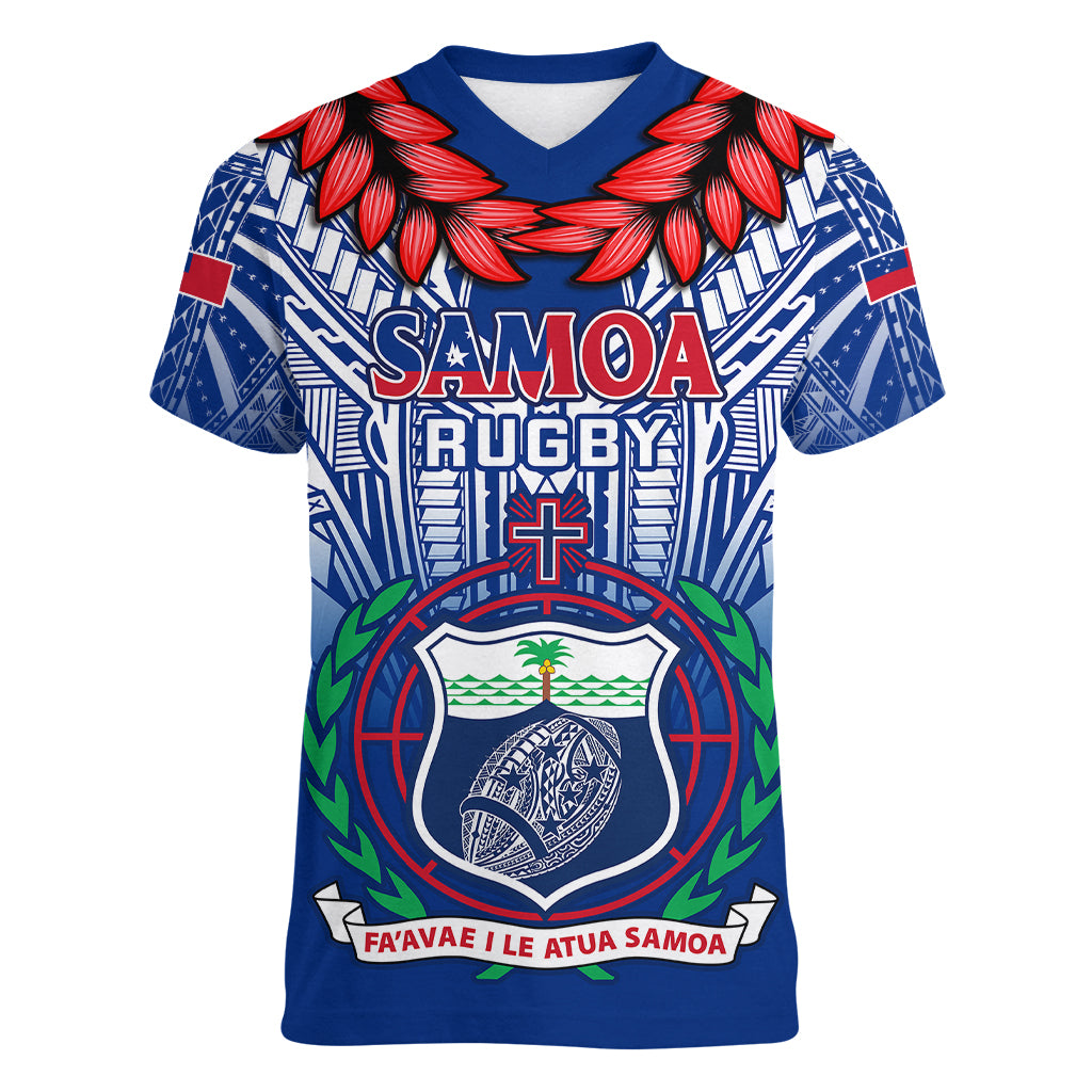 Custom Samoa Rugby Women V Neck T Shirt 2023 Go Manu Samoa With Ula Fala Style - Wonder Print Shop