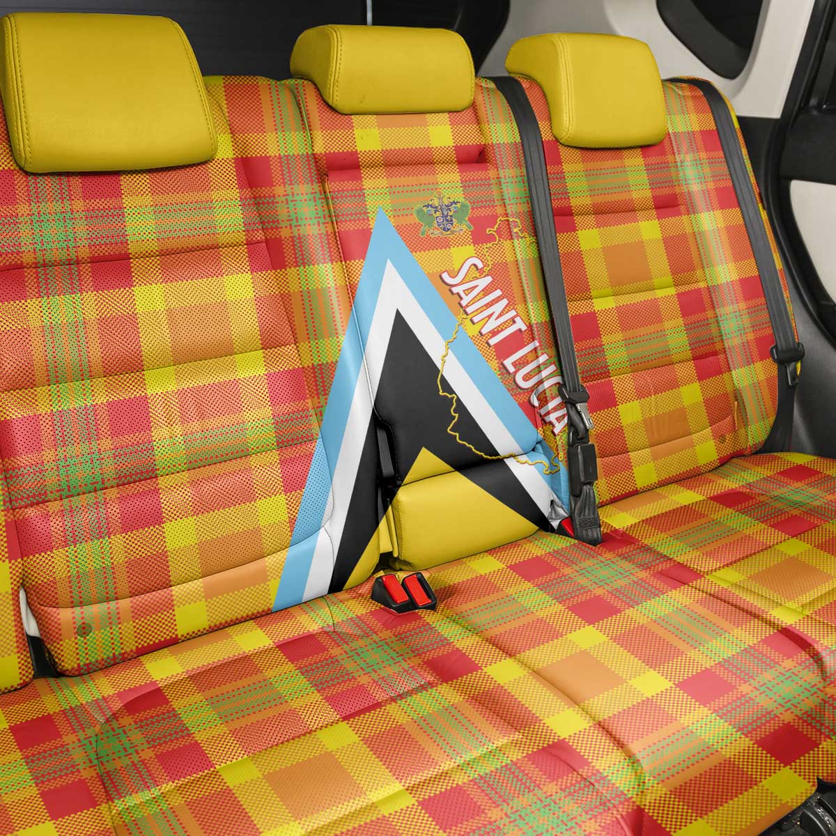 Saint Lucia Creole Day Back Car Seat Cover Bon Fete Jounen Kweyol Madras Pattern - Wonder Print Shop