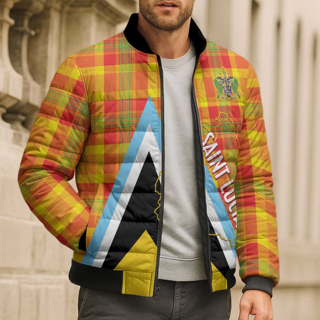 Saint Lucia Creole Day Bomber Puffer Jacket Bon Fete Jounen Kweyol Madras Pattern - Wonder Print Shop