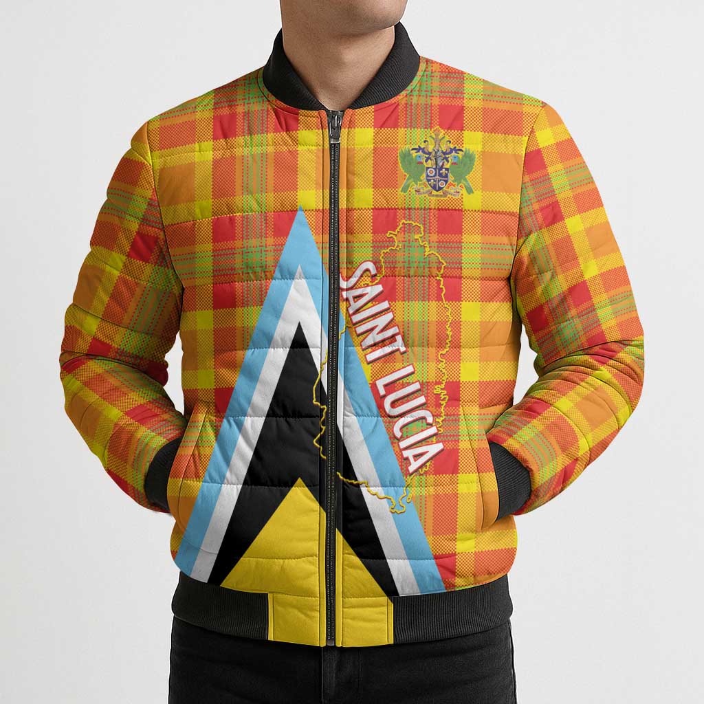 Saint Lucia Creole Day Bomber Puffer Jacket Bon Fete Jounen Kweyol Madras Pattern - Wonder Print Shop