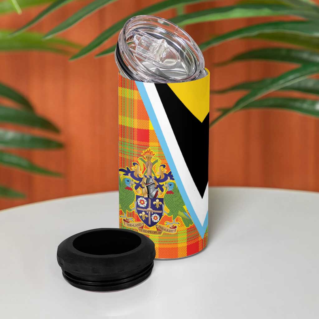 Saint Lucia Creole Day 4 in 1 Can Cooler Tumbler Bon Fete Jounen Kweyol Madras Pattern - Wonder Print Shop
