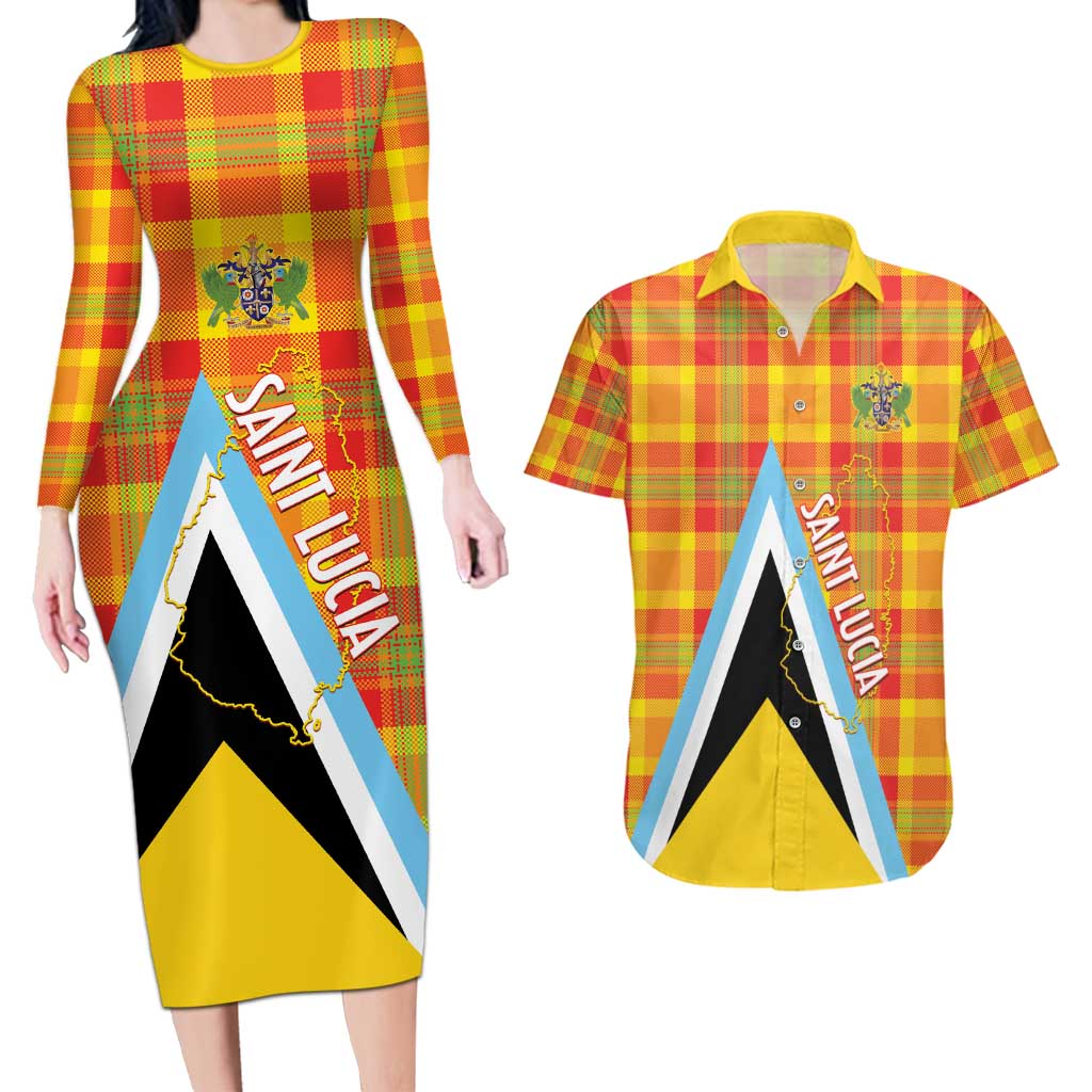 Saint Lucia Creole Day Couples Matching Long Sleeve Bodycon Dress and Hawaiian Shirt Bon Fete Jounen Kweyol Madras Pattern - Wonder Print Shop