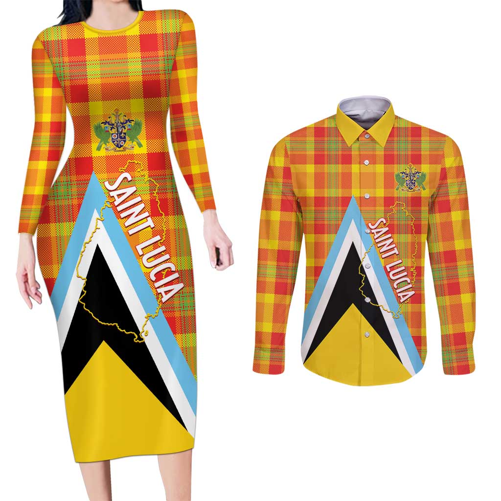 Saint Lucia Creole Day Couples Matching Long Sleeve Bodycon Dress and Long Sleeve Button Shirt Bon Fete Jounen Kweyol Madras Pattern - Wonder Print Shop