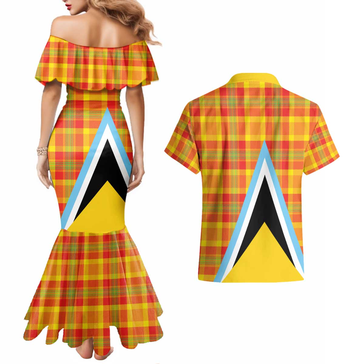 Saint Lucia Creole Day Couples Matching Mermaid Dress and Hawaiian Shirt Bon Fete Jounen Kweyol Madras Pattern - Wonder Print Shop