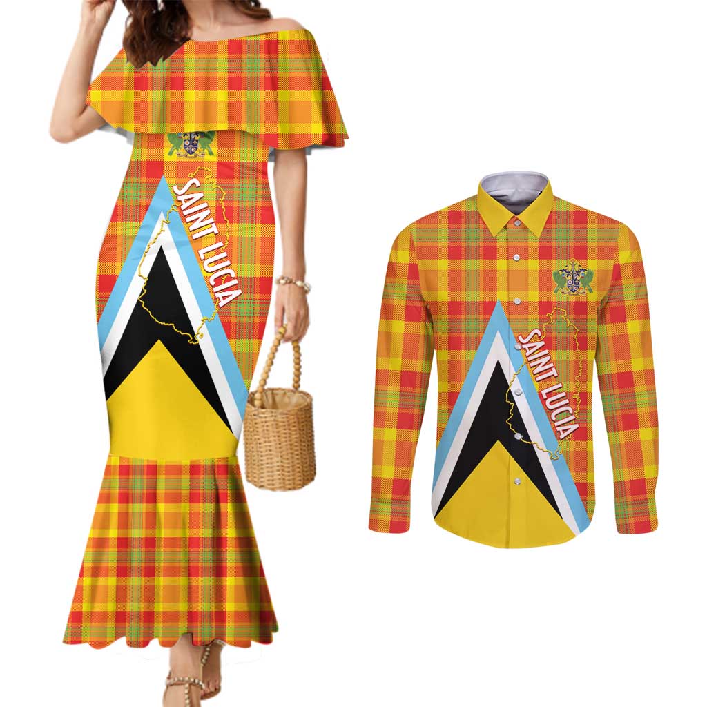 Saint Lucia Creole Day Couples Matching Mermaid Dress and Long Sleeve Button Shirt Bon Fete Jounen Kweyol Madras Pattern - Wonder Print Shop