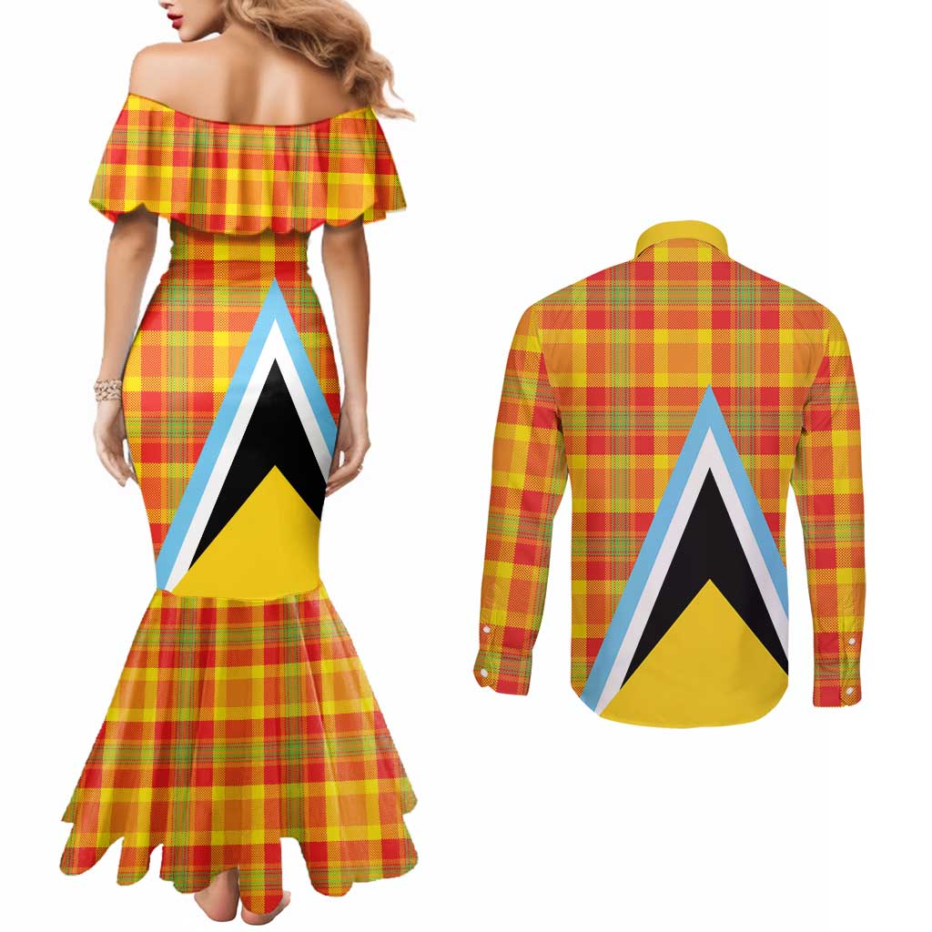 Saint Lucia Creole Day Couples Matching Mermaid Dress and Long Sleeve Button Shirt Bon Fete Jounen Kweyol Madras Pattern - Wonder Print Shop