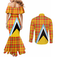 Saint Lucia Creole Day Couples Matching Mermaid Dress and Long Sleeve Button Shirt Bon Fete Jounen Kweyol Madras Pattern - Wonder Print Shop