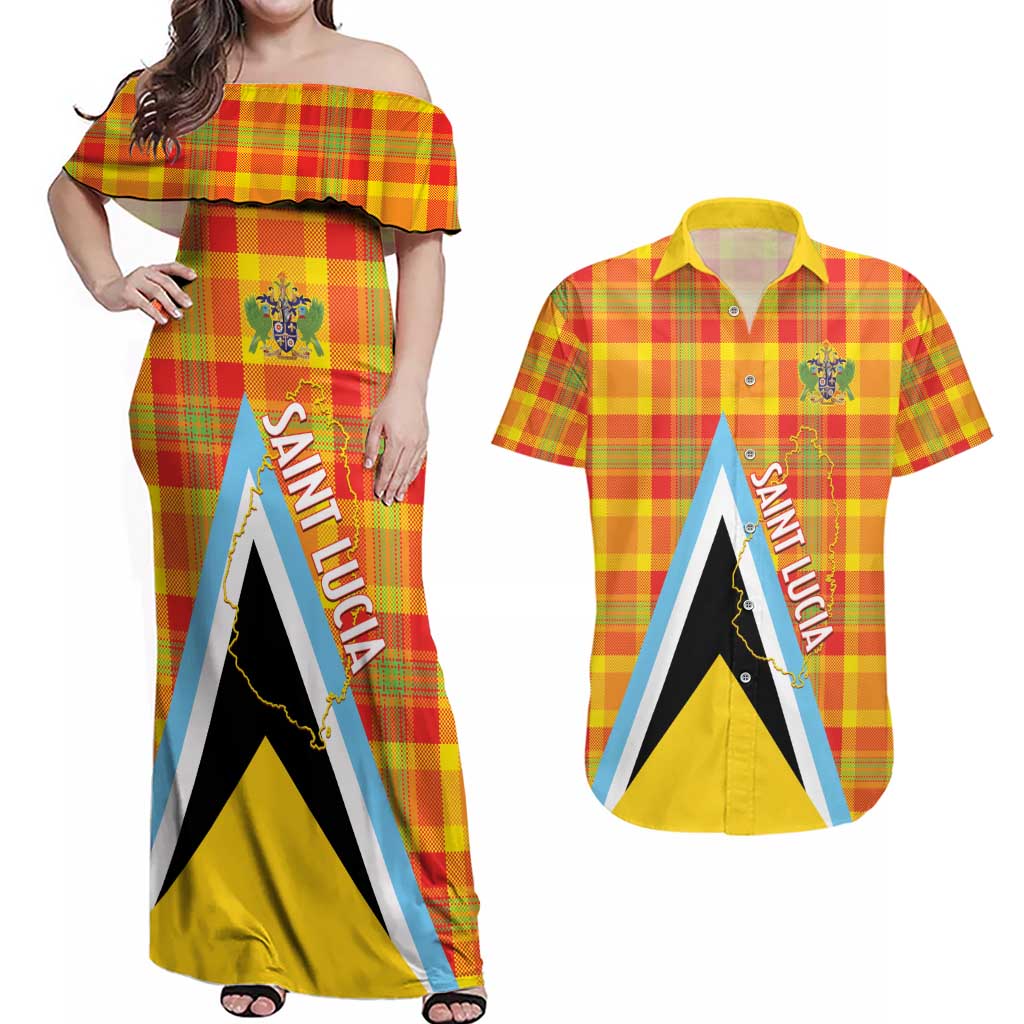 Saint Lucia Creole Day Couples Matching Off Shoulder Maxi Dress and Hawaiian Shirt Bon Fete Jounen Kweyol Madras Pattern - Wonder Print Shop