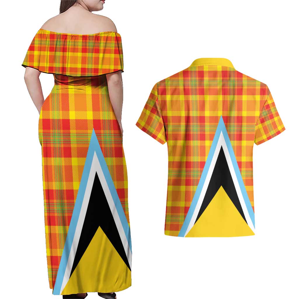 Saint Lucia Creole Day Couples Matching Off Shoulder Maxi Dress and Hawaiian Shirt Bon Fete Jounen Kweyol Madras Pattern - Wonder Print Shop