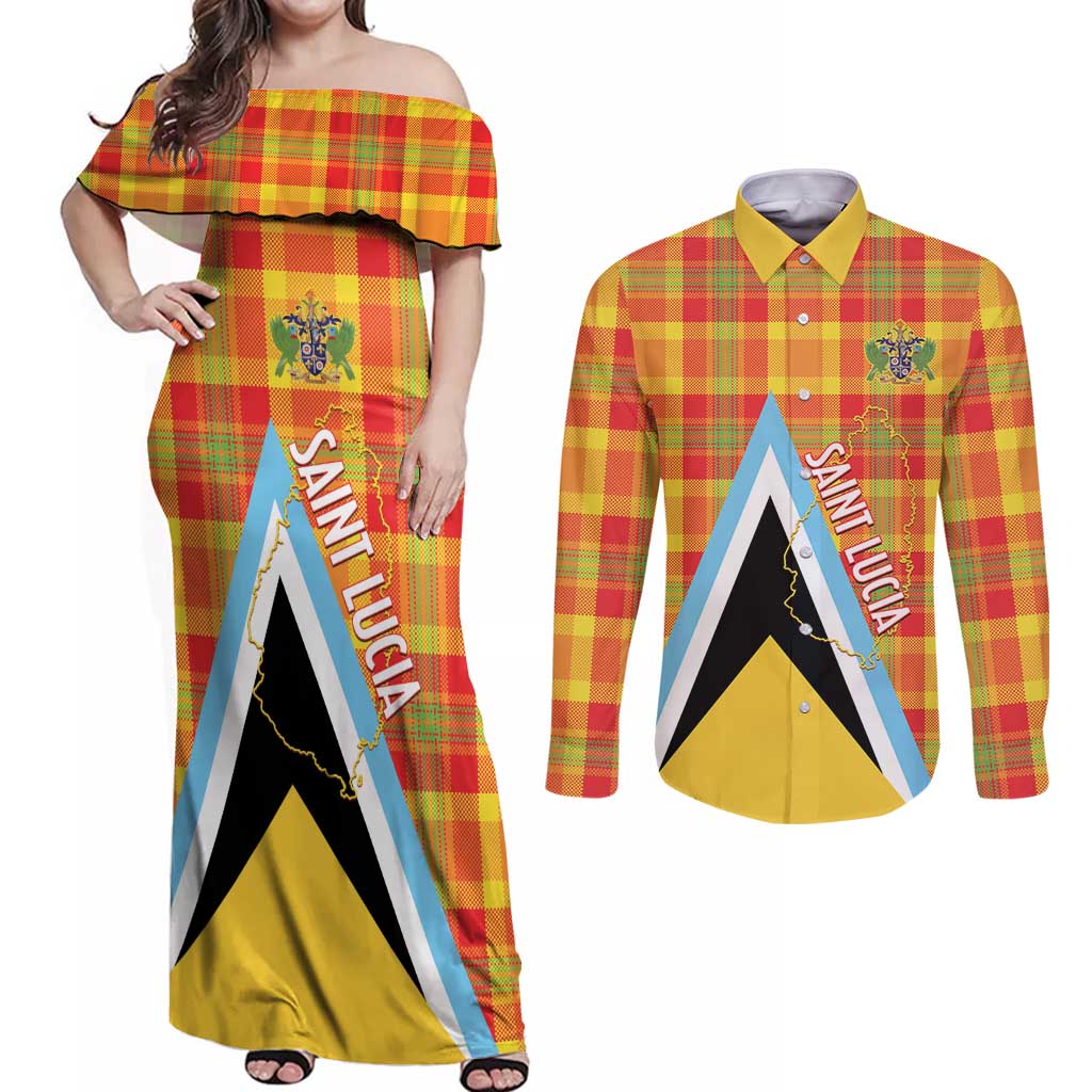 Saint Lucia Creole Day Couples Matching Off Shoulder Maxi Dress and Long Sleeve Button Shirt Bon Fete Jounen Kweyol Madras Pattern - Wonder Print Shop