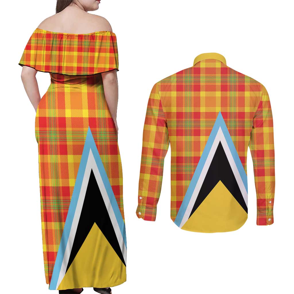 Saint Lucia Creole Day Couples Matching Off Shoulder Maxi Dress and Long Sleeve Button Shirt Bon Fete Jounen Kweyol Madras Pattern - Wonder Print Shop